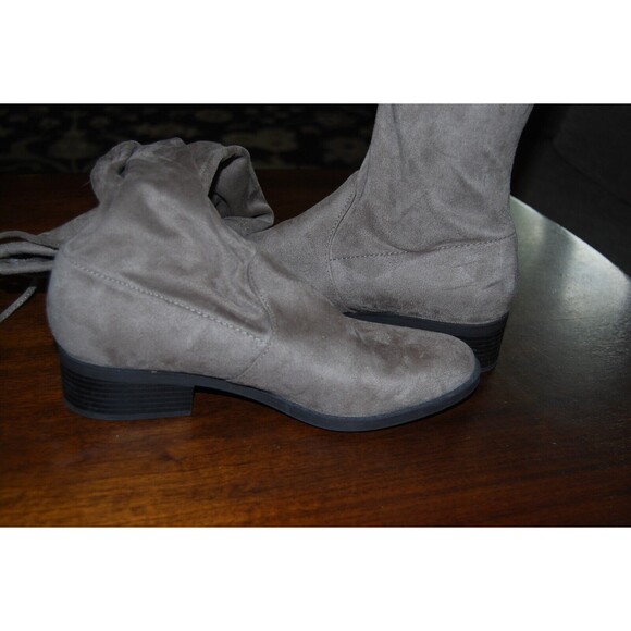 Unisa Boots Womens 8 1/2 M Tall Sock Over The Knee Beige Faux Suede Tie Pull On - Picture 2 of 5